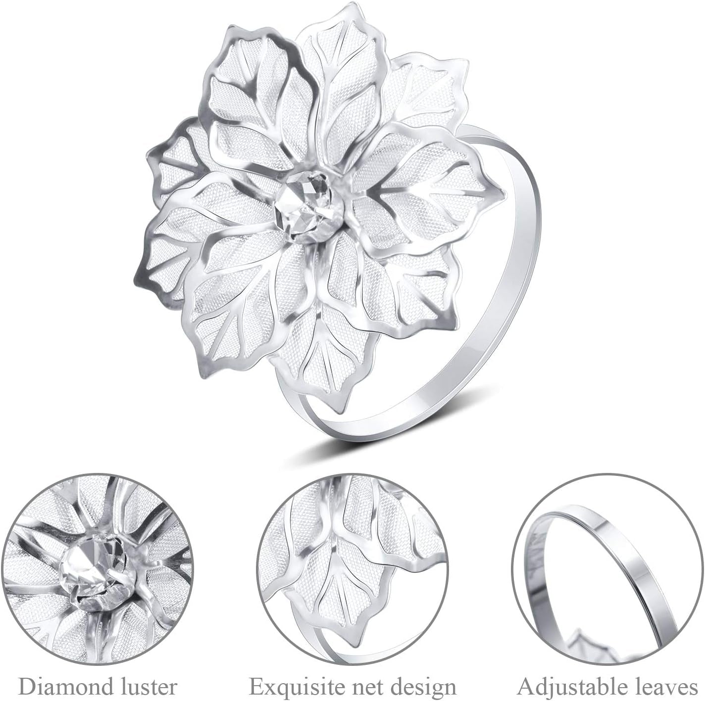 12 Pcs Hollow Out Flower Napkin Rings Fall Napkin Ring Holder Metal Serviette Buckles Set for Dinner Thanksgiving Christmas Wedding Banquet Table Plates Decoration(Silver)