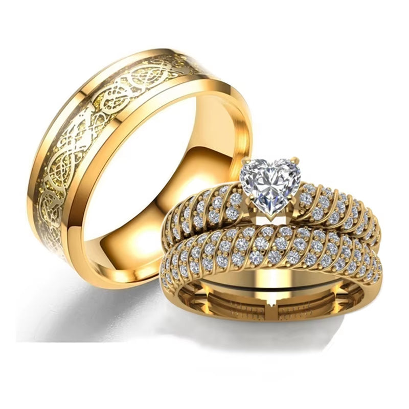 2025 Fashion Couple Rings Vintage Dragon Stainless Steel Men Ring Romantic Heart Zircon Ring Set Bridal Engagement Wedding Band