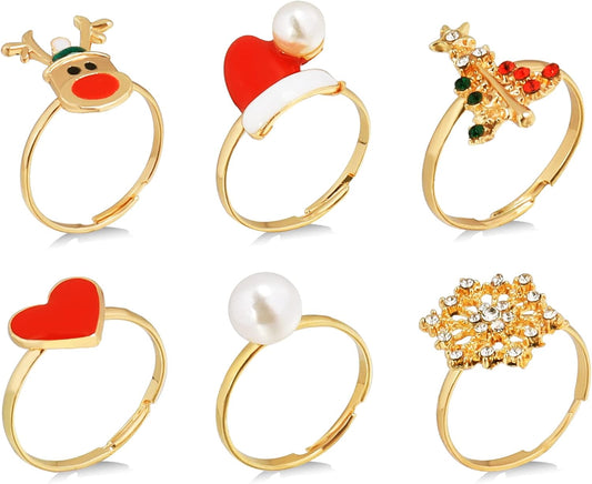 Christmas Rings for Women,Rhinestone Christmas Ring Set Gold Santa Claus Bow Snowflake Reindeer Rings for Girls