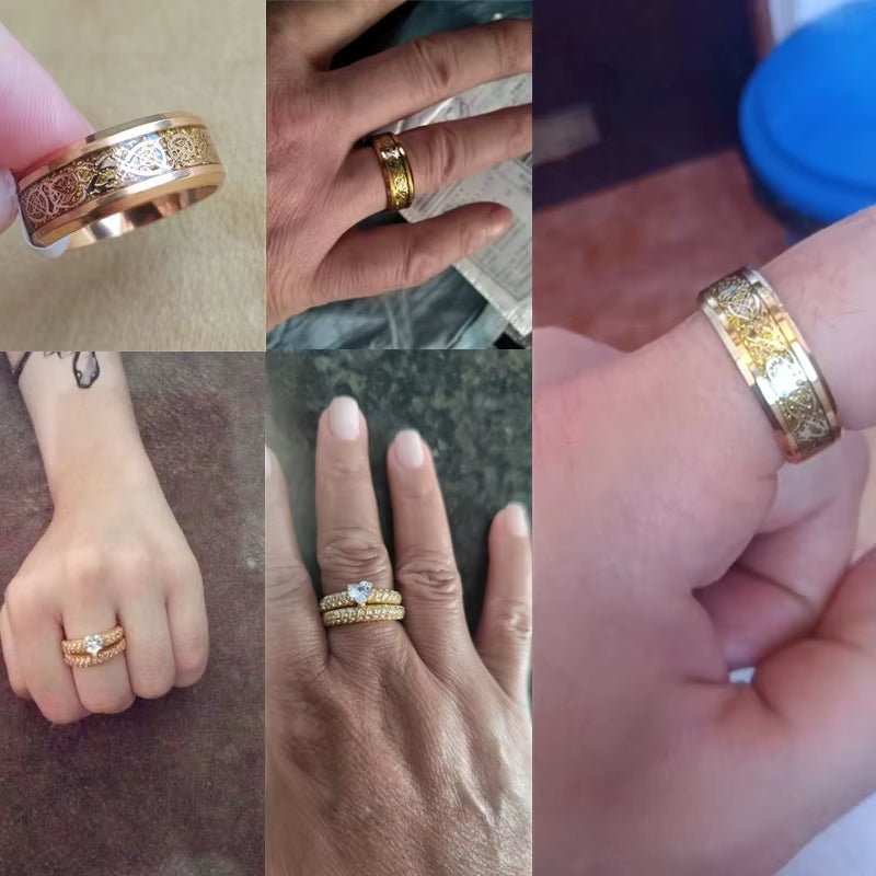 2025 Fashion Couple Rings Vintage Dragon Stainless Steel Men Ring Romantic Heart Zircon Ring Set Bridal Engagement Wedding Band