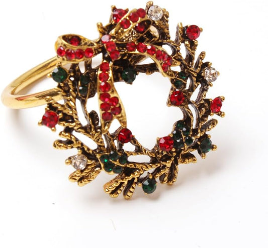 Christmas Wreath Napkin Rings, Gold Metal Rhinestone Napkin Ring Holders for Christmas, Thanksgiving Decoration Party Dining Table Settings (Set of 4)