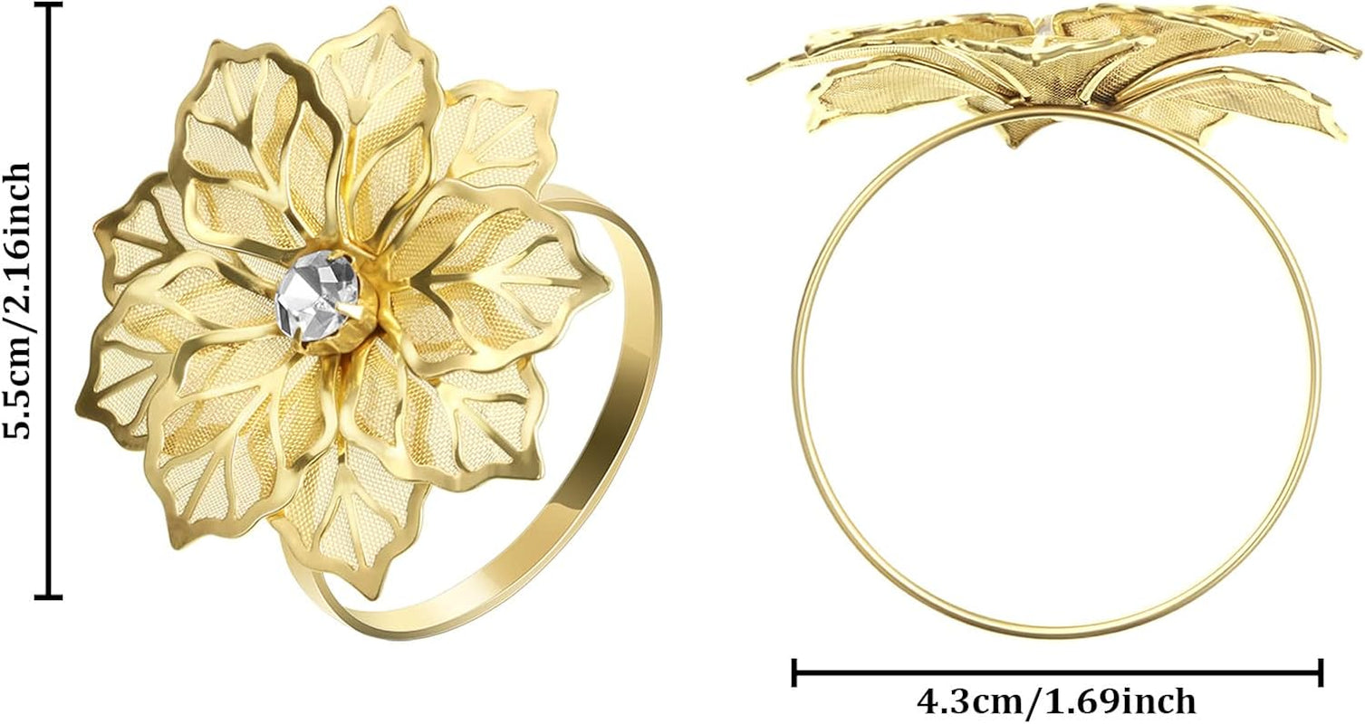 12 Pcs Hollow Out Flower Napkin Rings Fall Napkin Ring Holder Metal Serviette Buckles Set for Dinner Thanksgiving Christmas Wedding Banquet Table Plates Decoration(Gold)
