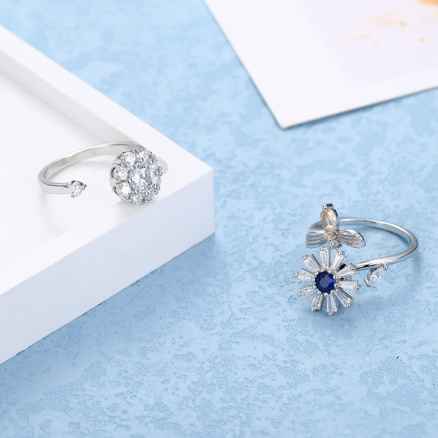 6 Pcs Fidget Anxiety Rings for Women Adjustable Open Ring Set Spinner Fidget Rings for Anxiety Flower Bee Cubic Zirconia Bead Stress Worry Relief Rings