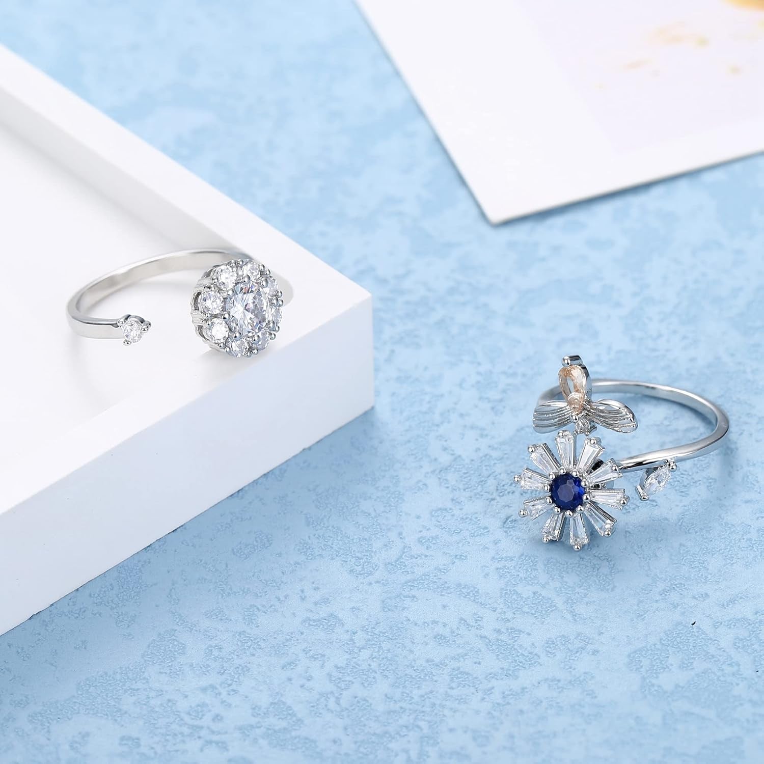 6 Pcs Fidget Anxiety Rings for Women Adjustable Open Ring Set Spinner Fidget Rings for Anxiety Flower Bee Cubic Zirconia Bead Stress Worry Relief Rings