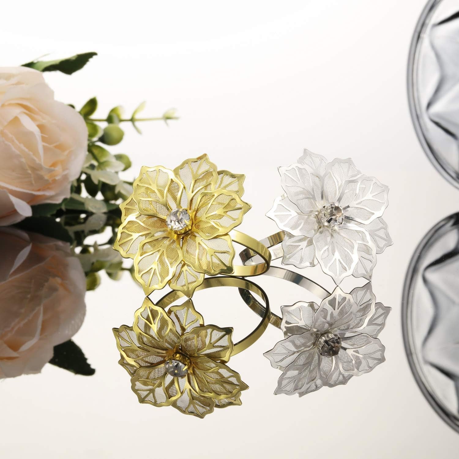 12 Pcs Hollow Out Flower Napkin Rings Fall Napkin Ring Holder Metal Serviette Buckles Set for Dinner Thanksgiving Christmas Wedding Banquet Table Plates Decoration(Silver)