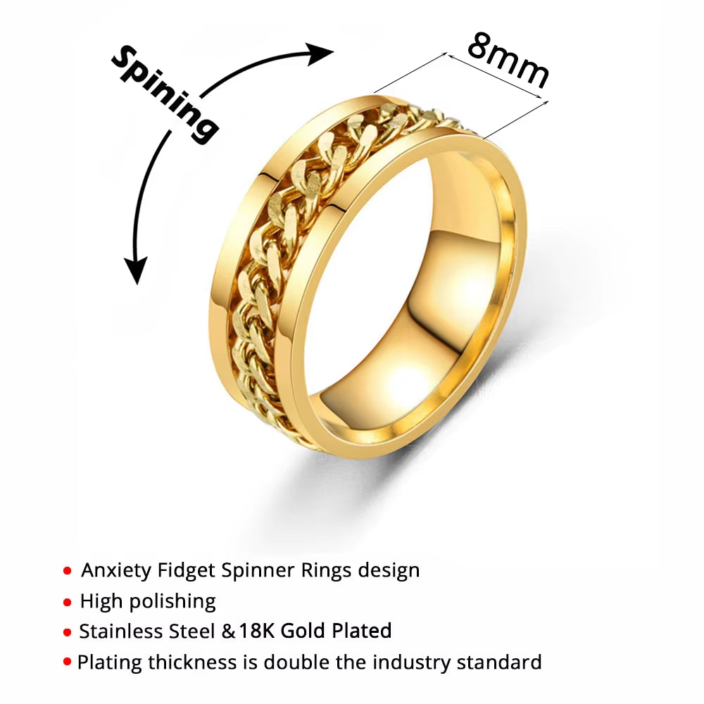 Anxiety Fidget Spinner Mood Rings 8Mm Male Stainless Steel Spinning Rotating Cuban Chain Ring for Men Punk anti Stress Jewelry