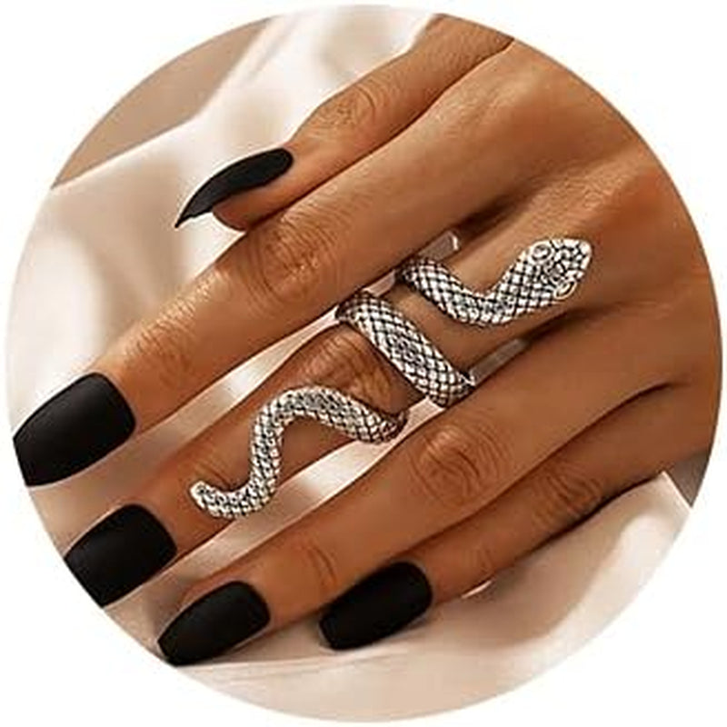 Adjustable Vintage Silver Snake Ring - Punk Goth Ring Set, Copper Metal, Unique Design for Women, Ideal Gift for Special Occasions