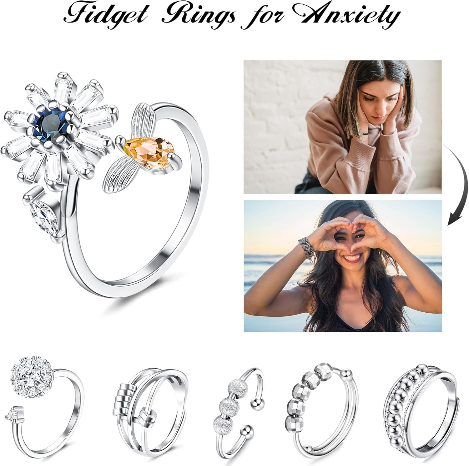 6 Pcs Fidget Anxiety Rings for Women Adjustable Open Ring Set Spinner Fidget Rings for Anxiety Flower Bee Cubic Zirconia Bead Stress Worry Relief Rings