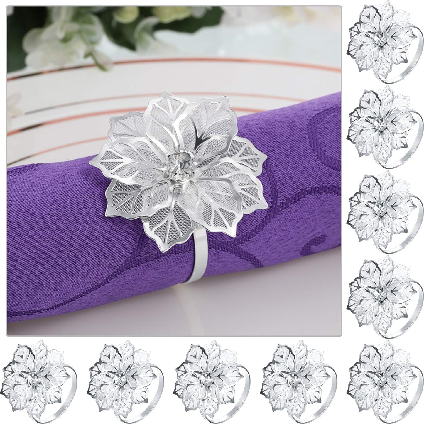 12 Pcs Hollow Out Flower Napkin Rings Fall Napkin Ring Holder Metal Serviette Buckles Set for Dinner Thanksgiving Christmas Wedding Banquet Table Plates Decoration(Silver)