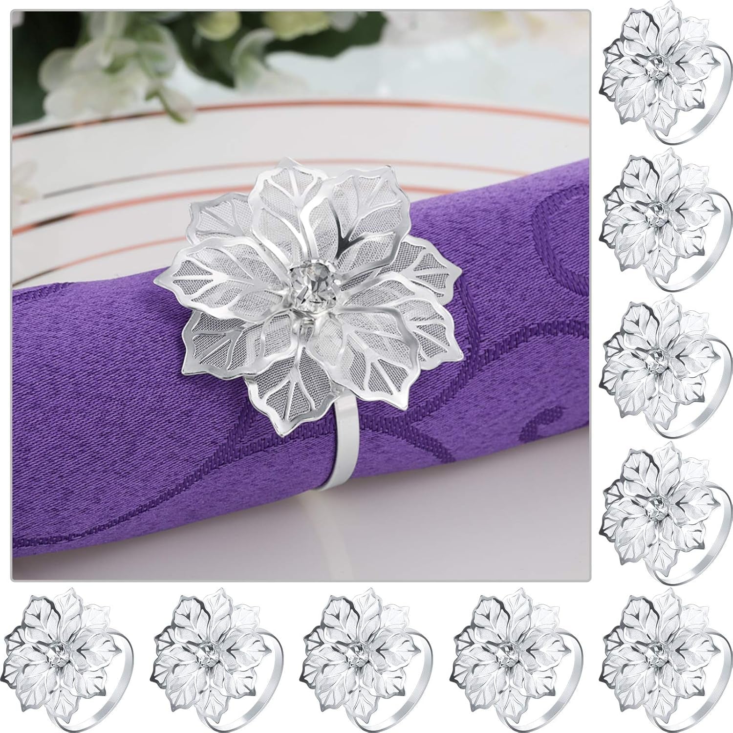 12 Pcs Hollow Out Flower Napkin Rings Fall Napkin Ring Holder Metal Serviette Buckles Set for Dinner Thanksgiving Christmas Wedding Banquet Table Plates Decoration(Silver)