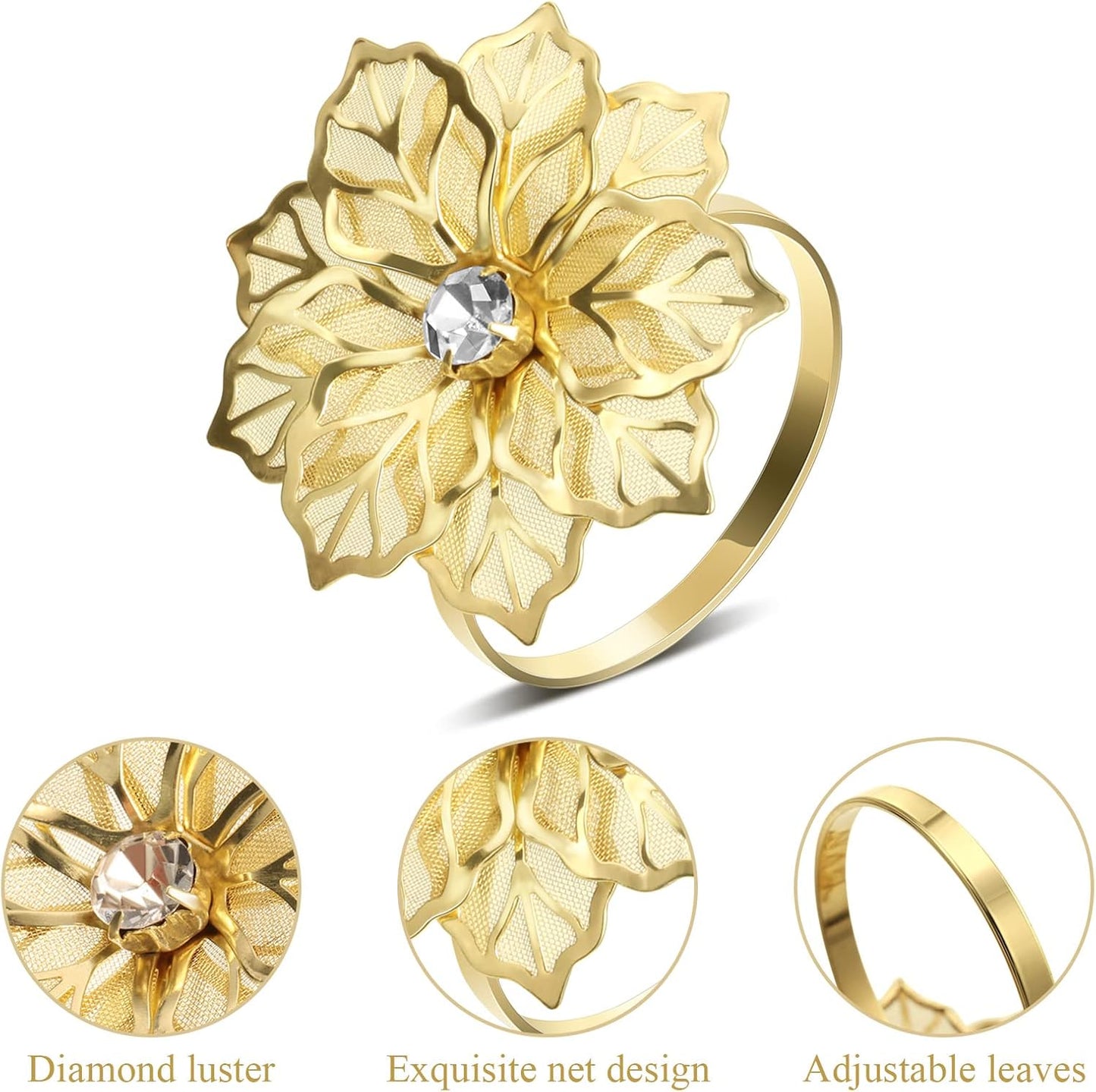 12 Pcs Hollow Out Flower Napkin Rings Fall Napkin Ring Holder Metal Serviette Buckles Set for Dinner Thanksgiving Christmas Wedding Banquet Table Plates Decoration(Gold)