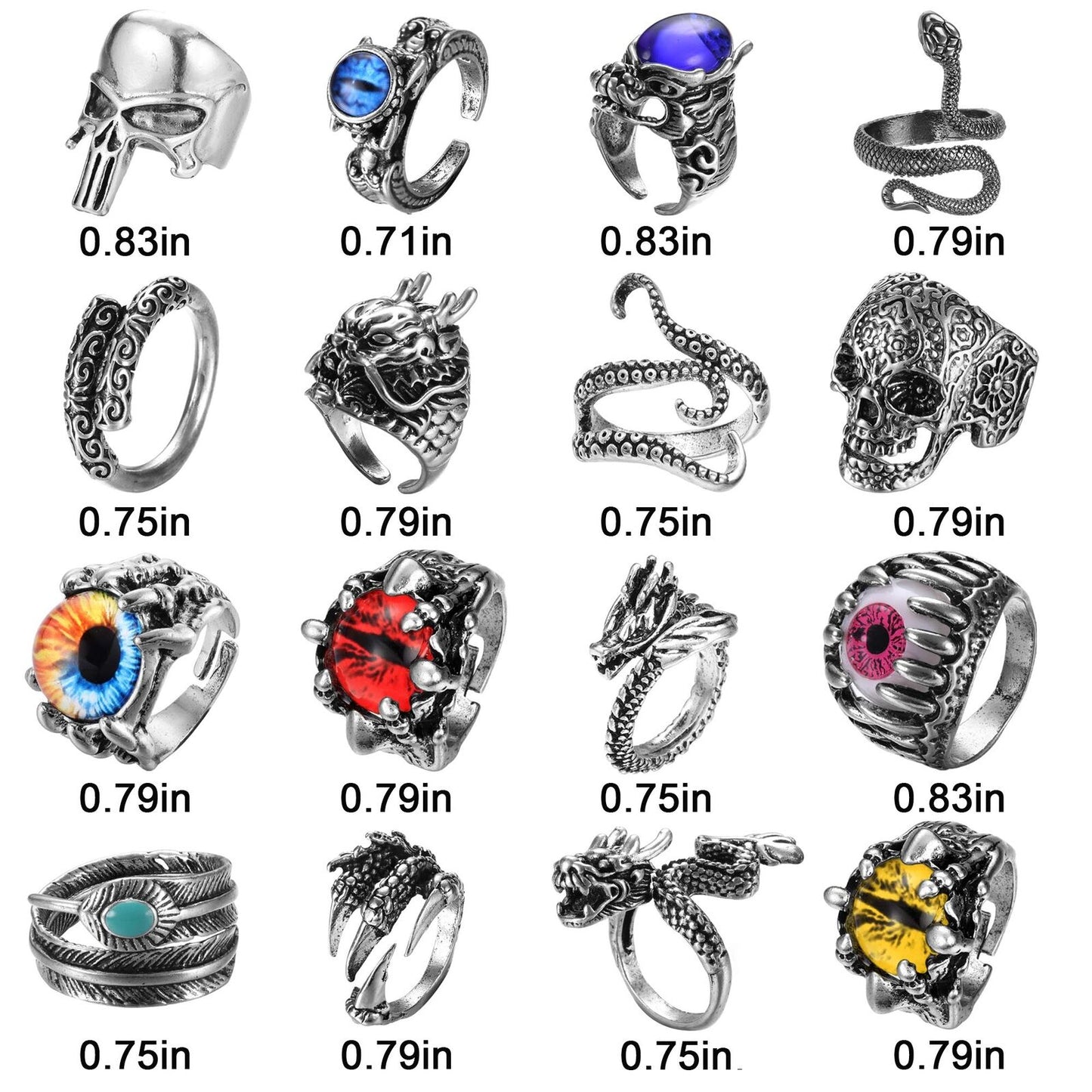 16 Pcs Vintage Punk Rings Gothic Biker Skeleton Skull Rings for Men Women