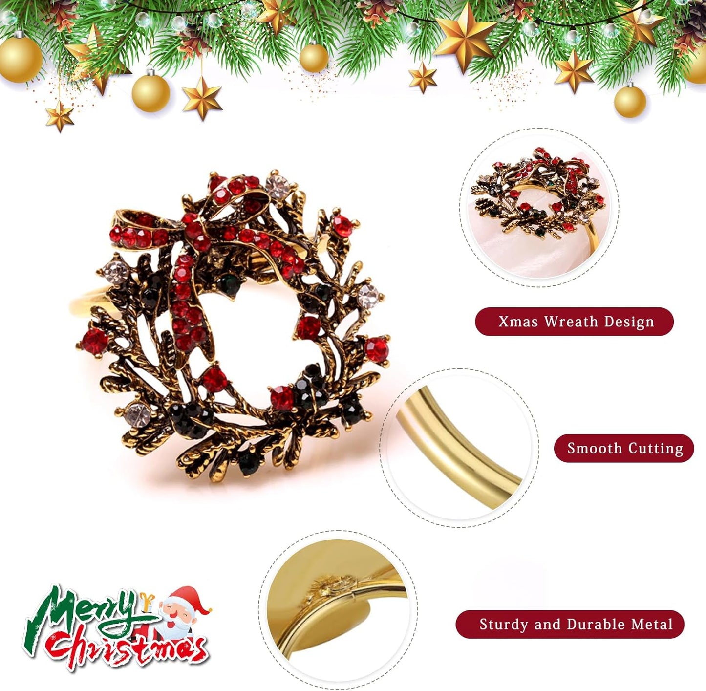 Christmas Wreath Napkin Rings, Gold Metal Rhinestone Napkin Ring Holders for Christmas, Thanksgiving Decoration Party Dining Table Settings (Set of 4)
