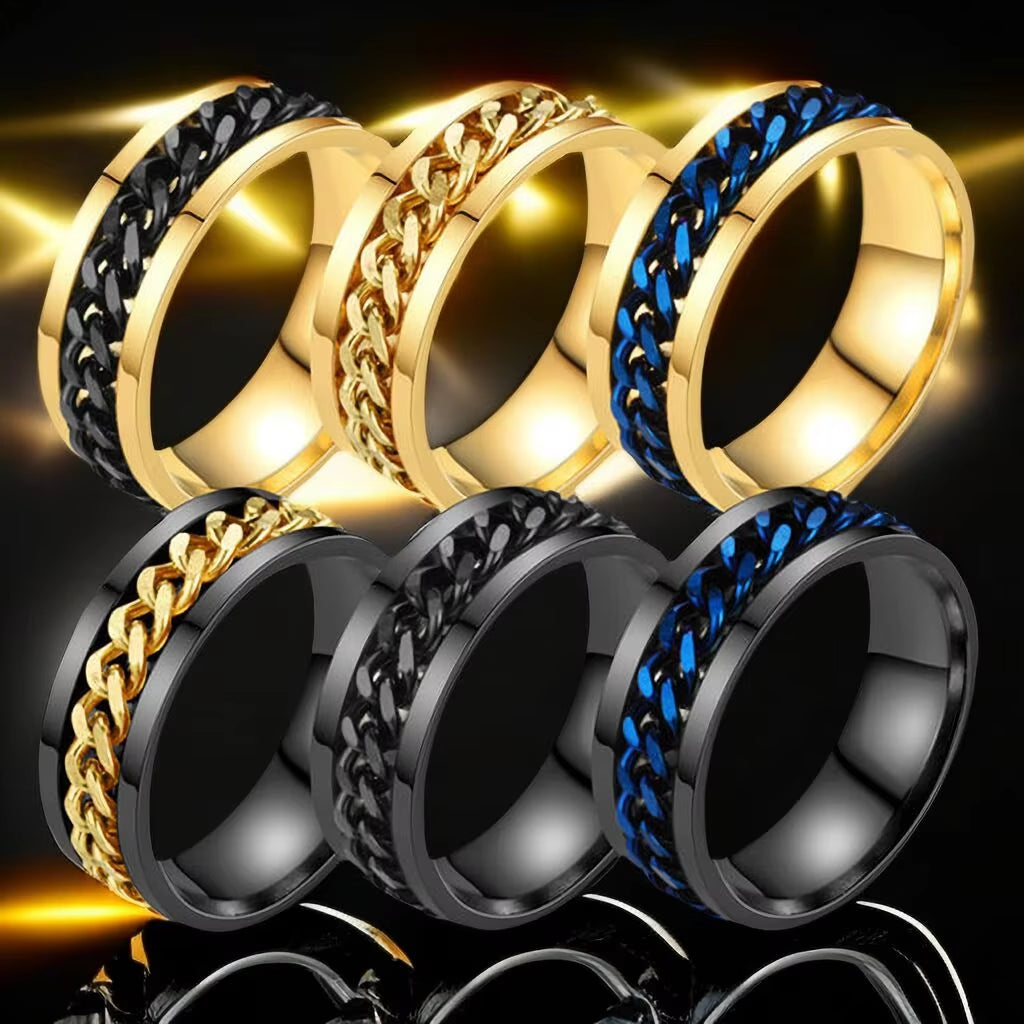 Anxiety Fidget Spinner Mood Rings 8Mm Male Stainless Steel Spinning Rotating Cuban Chain Ring for Men Punk anti Stress Jewelry