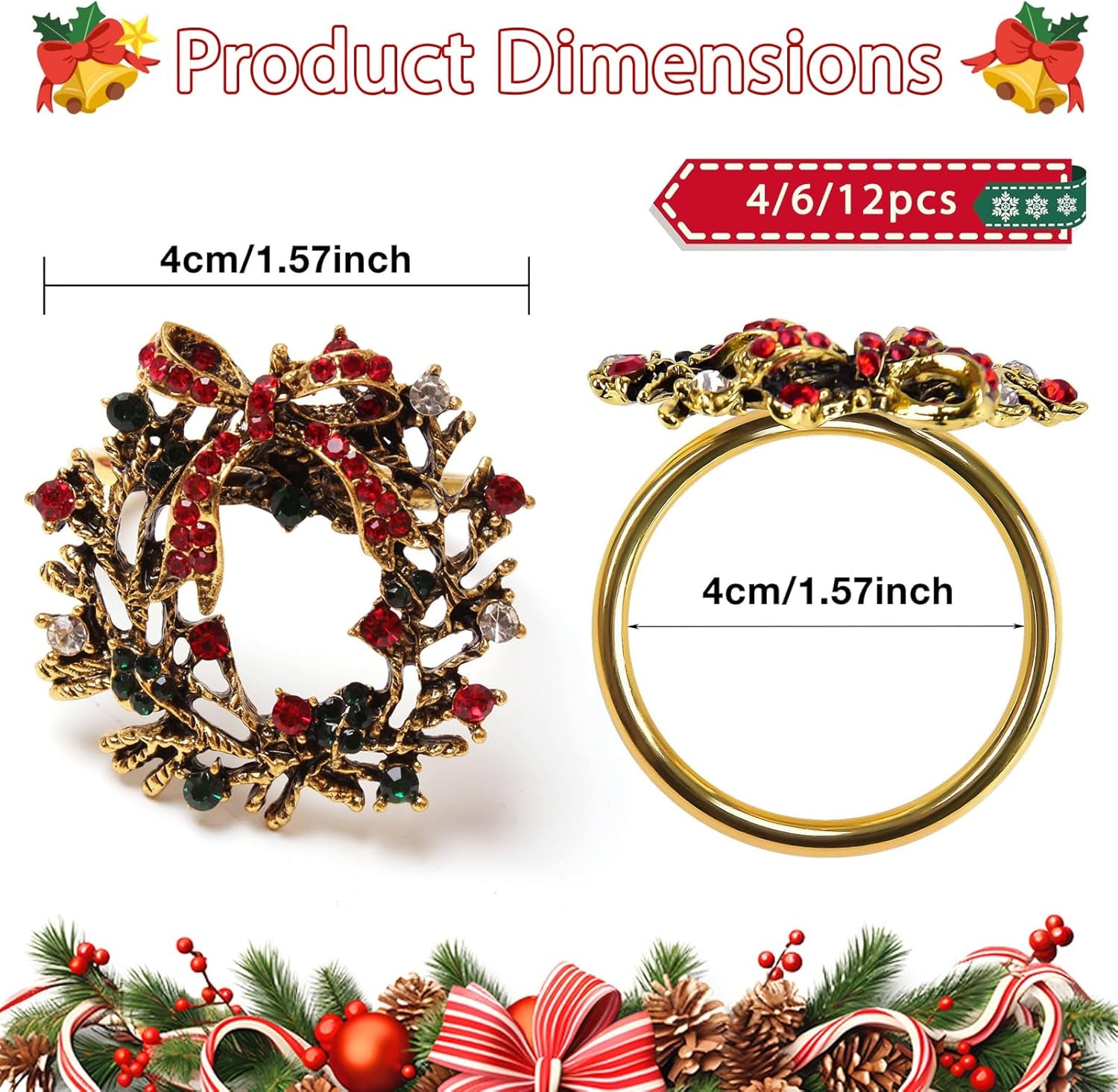 Christmas Wreath Napkin Rings, Gold Metal Rhinestone Napkin Ring Holders for Christmas, Thanksgiving Decoration Party Dining Table Settings (Set of 4)