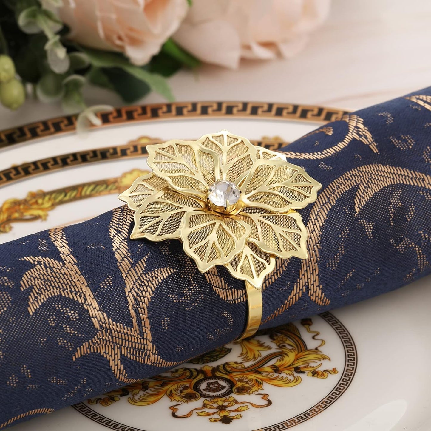 12 Pcs Hollow Out Flower Napkin Rings Fall Napkin Ring Holder Metal Serviette Buckles Set for Dinner Thanksgiving Christmas Wedding Banquet Table Plates Decoration(Gold)