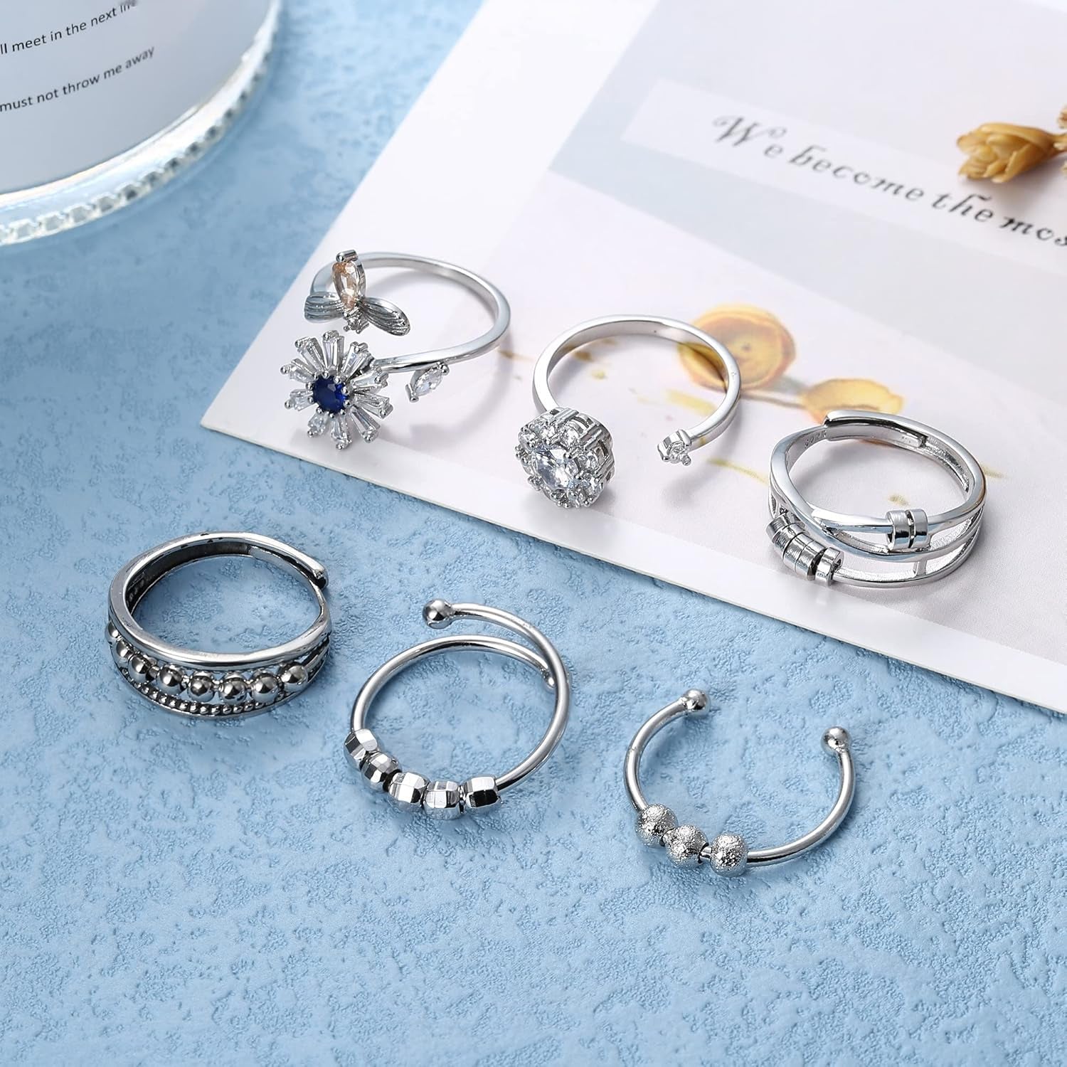 6 Pcs Fidget Anxiety Rings for Women Adjustable Open Ring Set Spinner Fidget Rings for Anxiety Flower Bee Cubic Zirconia Bead Stress Worry Relief Rings