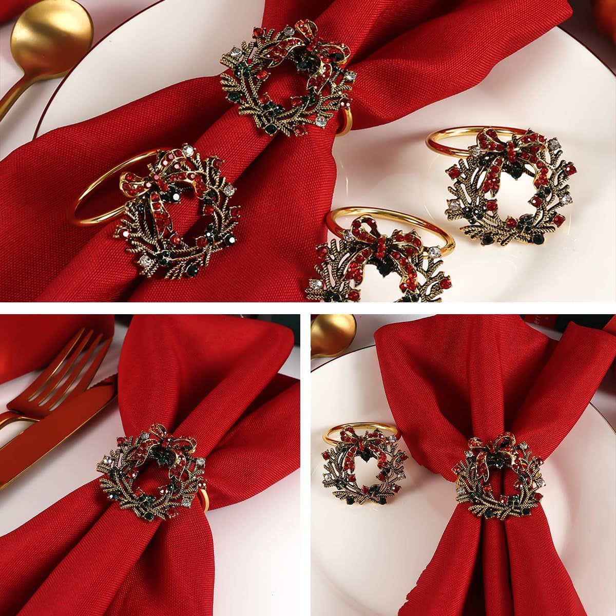 Christmas Wreath Napkin Rings, Gold Metal Rhinestone Napkin Ring Holders for Christmas, Thanksgiving Decoration Party Dining Table Settings (Set of 4)