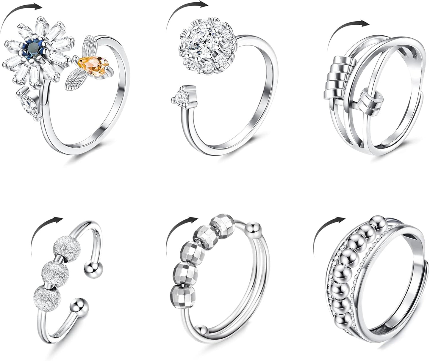 6 Pcs Fidget Anxiety Rings for Women Adjustable Open Ring Set Spinner Fidget Rings for Anxiety Flower Bee Cubic Zirconia Bead Stress Worry Relief Rings