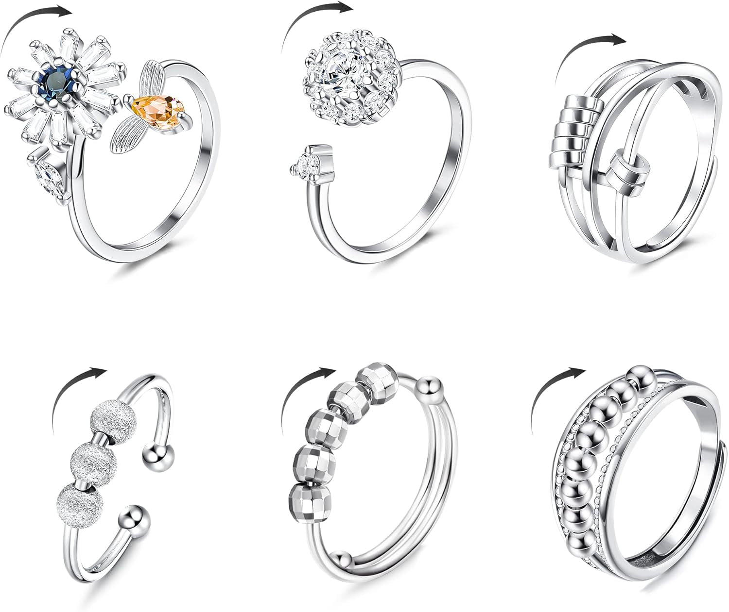 6 Pcs Fidget Anxiety Rings for Women Adjustable Open Ring Set Spinner Fidget Rings for Anxiety Flower Bee Cubic Zirconia Bead Stress Worry Relief Rings