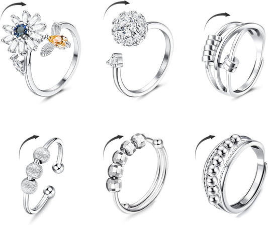 6 Pcs Fidget Anxiety Rings for Women Adjustable Open Ring Set Spinner Fidget Rings for Anxiety Flower Bee Cubic Zirconia Bead Stress Worry Relief Rings