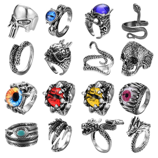 16 Pcs Vintage Punk Rings Gothic Biker Skeleton Skull Rings for Men Women