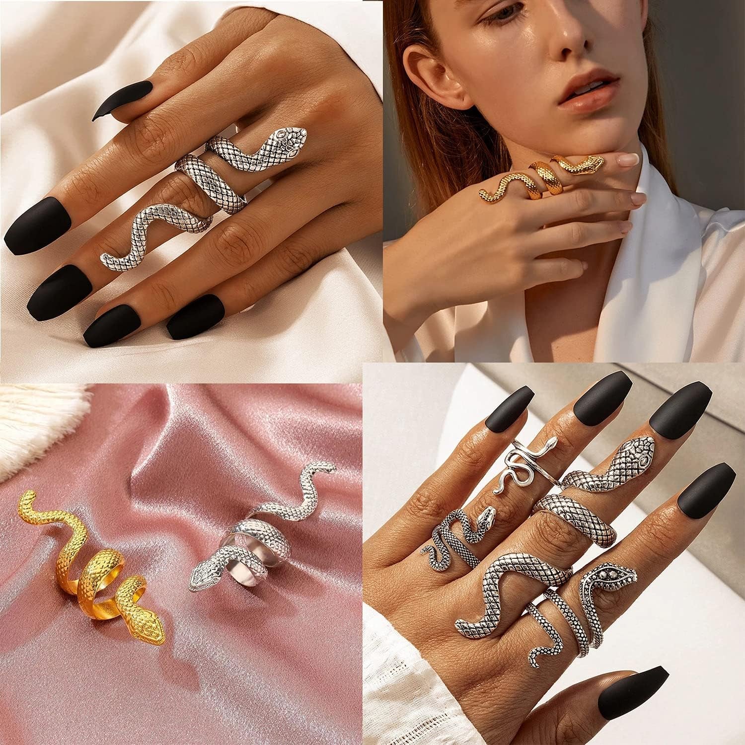 Adjustable Vintage Silver Snake Ring - Punk Goth Ring Set, Copper Metal, Unique Design for Women, Ideal Gift for Special Occasions