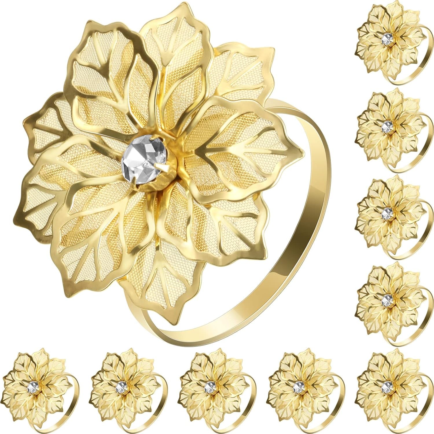 12 Pcs Hollow Out Flower Napkin Rings Fall Napkin Ring Holder Metal Serviette Buckles Set for Dinner Thanksgiving Christmas Wedding Banquet Table Plates Decoration(Gold)