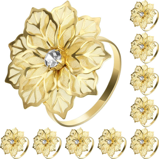 12 Pcs Hollow Out Flower Napkin Rings Fall Napkin Ring Holder Metal Serviette Buckles Set for Dinner Thanksgiving Christmas Wedding Banquet Table Plates Decoration(Gold)