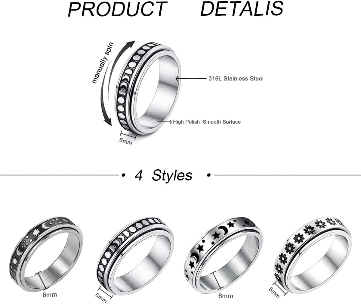 4PCS Plain Band Rings for Men Stainless Steel Rings for Men Wedding Ring Cool Spinner Rings for Men Black Stainless Steel Ring Set Anxiety Ring Fidget-Ga-7