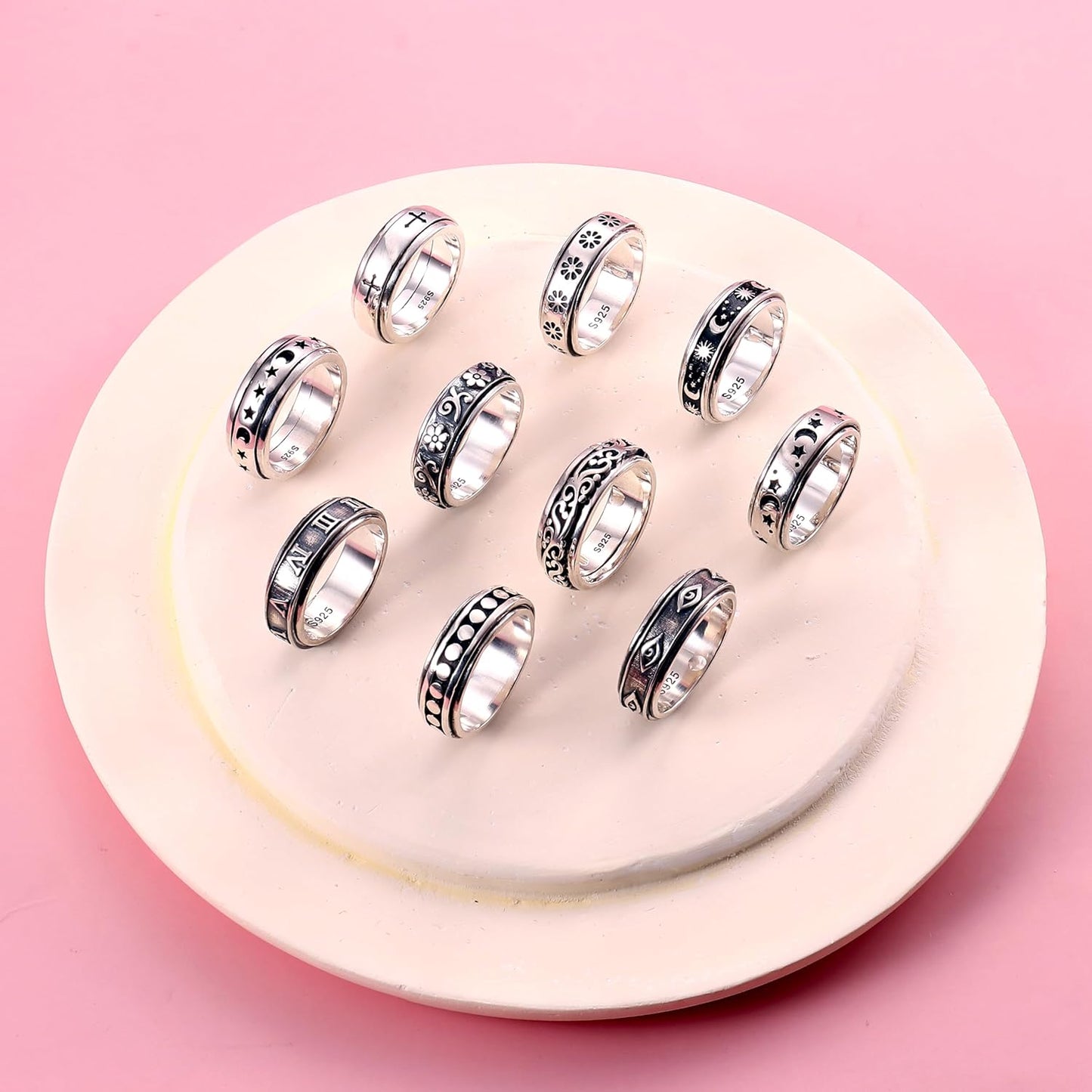 Anxiety Rings for Women Men 925 Sterling Silver Spinner Fidget Rings Platinum Plated Band Thumb Rings Worry Stress Relieving Boredom ADHD Autism Ring Jewelry Gifts