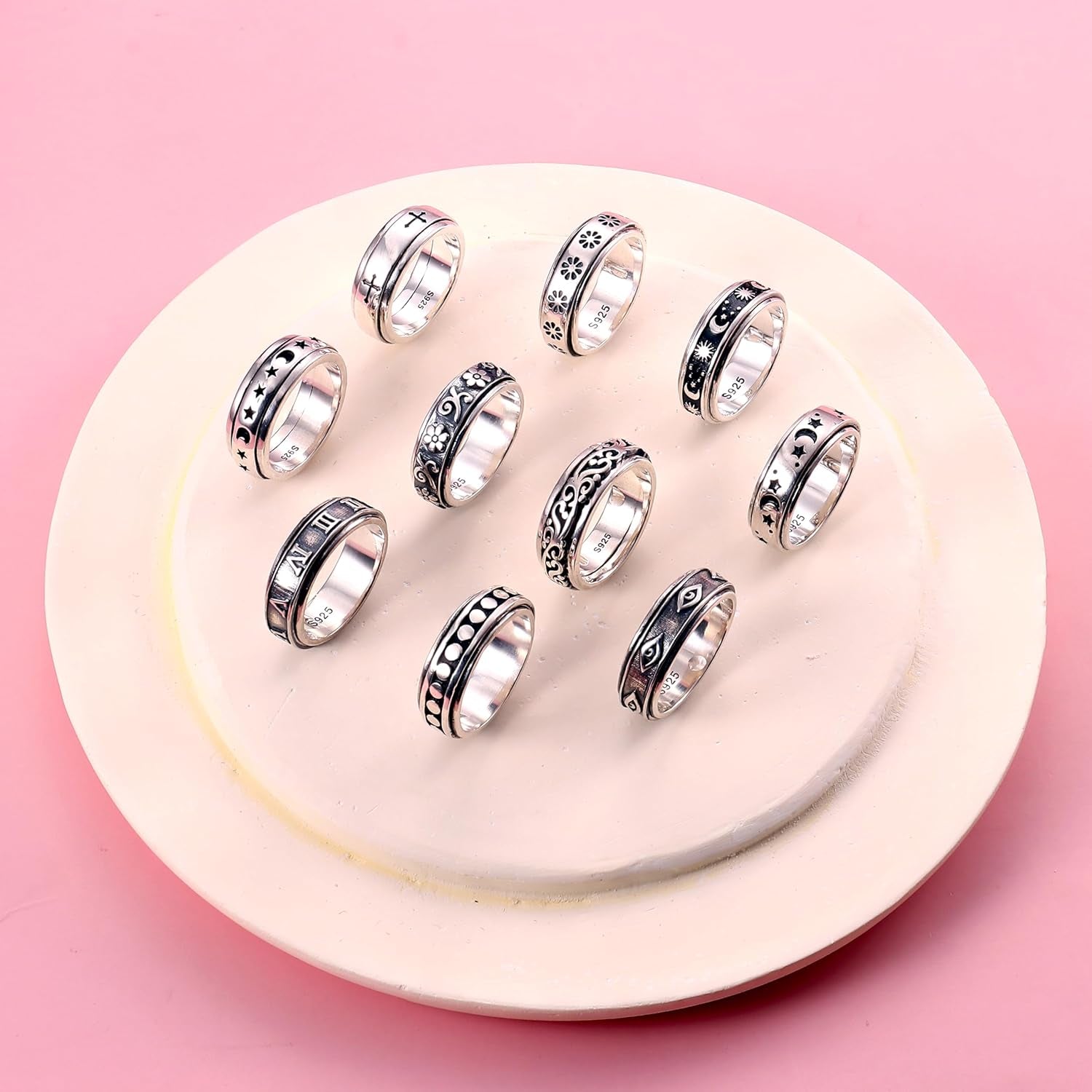 Anxiety Rings for Women Men 925 Sterling Silver Spinner Fidget Rings Platinum Plated Band Thumb Rings Worry Stress Relieving Boredom ADHD Autism Ring Jewelry Gifts