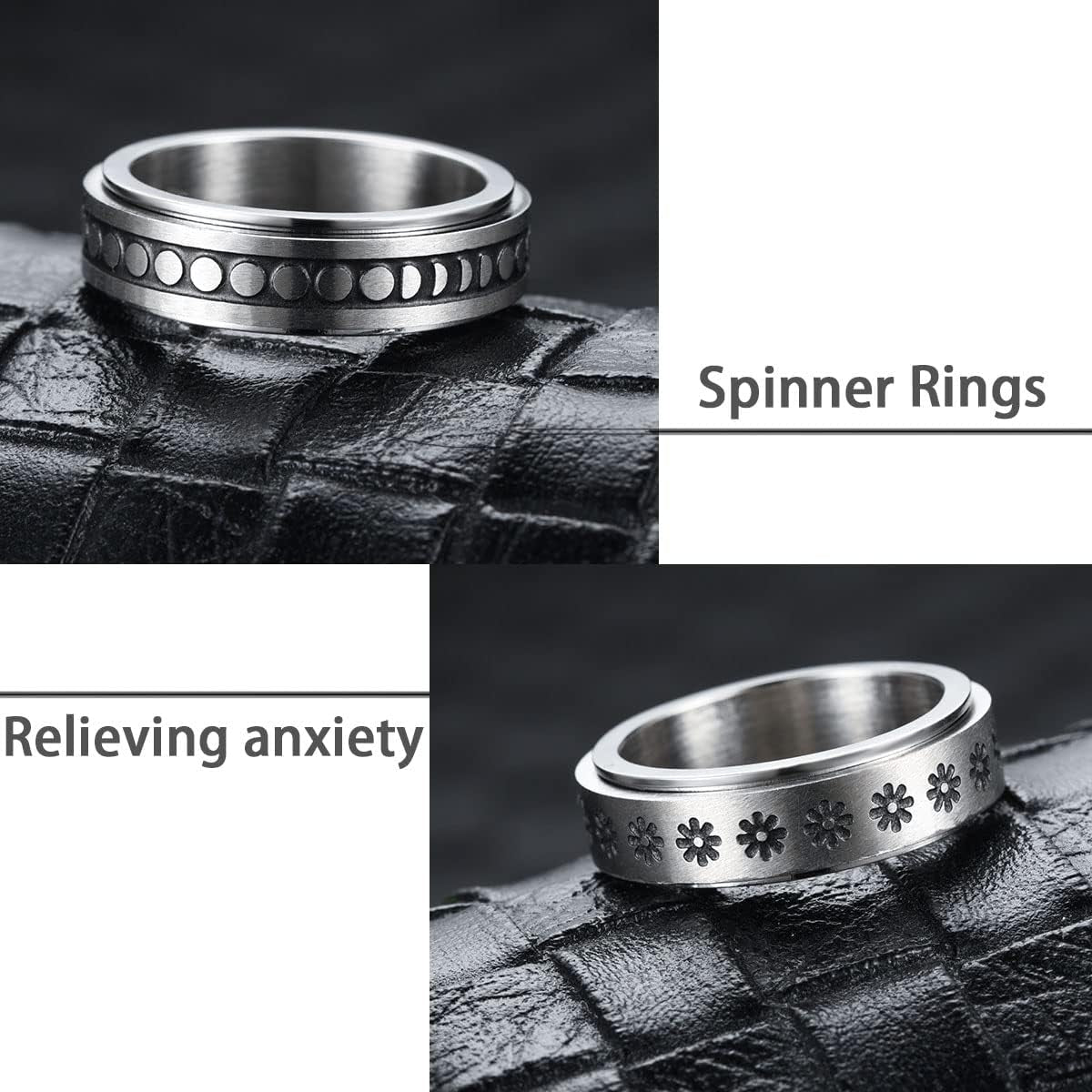 4PCS Plain Band Rings for Men Stainless Steel Rings for Men Wedding Ring Cool Spinner Rings for Men Black Stainless Steel Ring Set Anxiety Ring Fidget-Ga-7