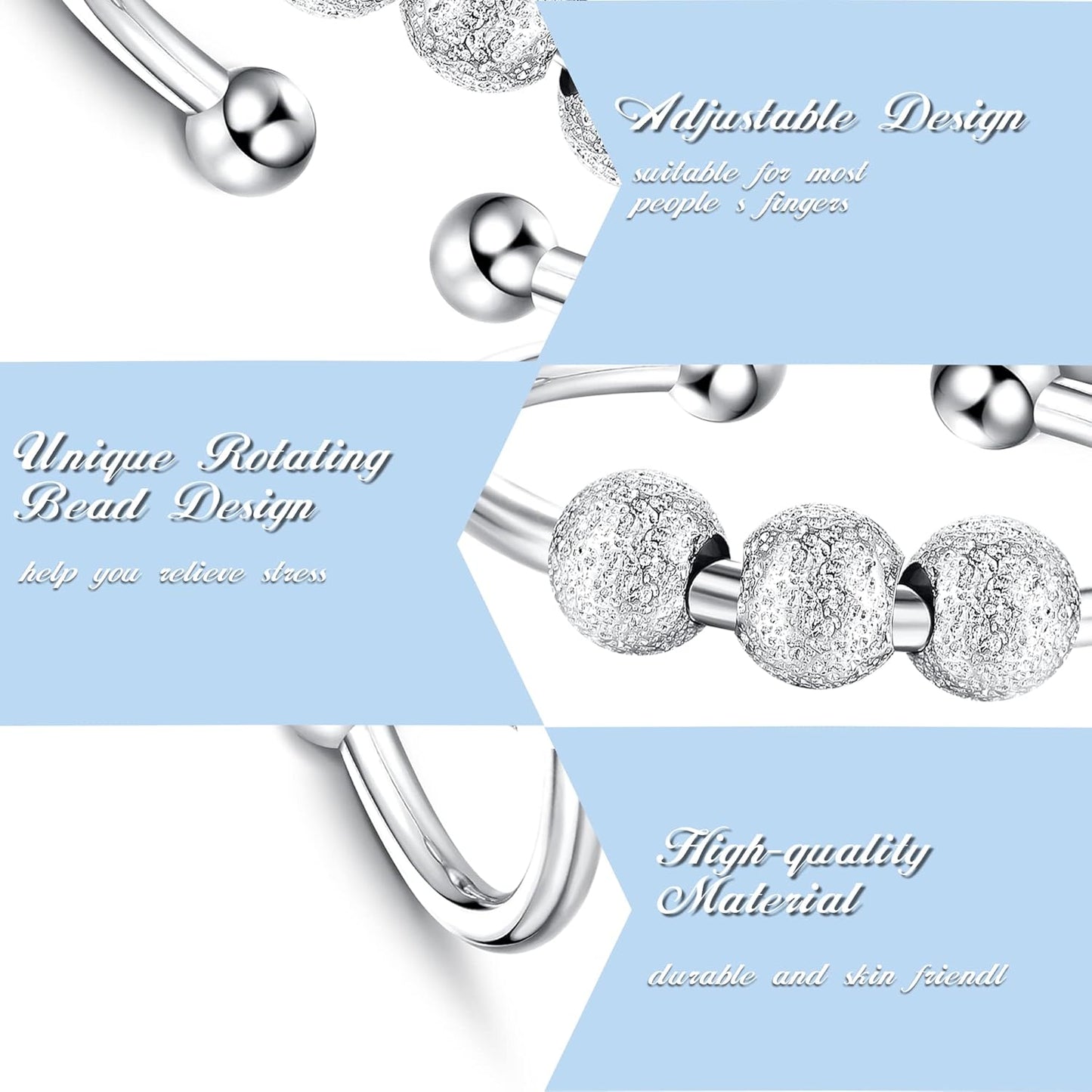 6 Pcs Fidget Anxiety Rings for Women Adjustable Open Ring Set Spinner Fidget Rings for Anxiety Flower Bee Cubic Zirconia Bead Stress Worry Relief Rings