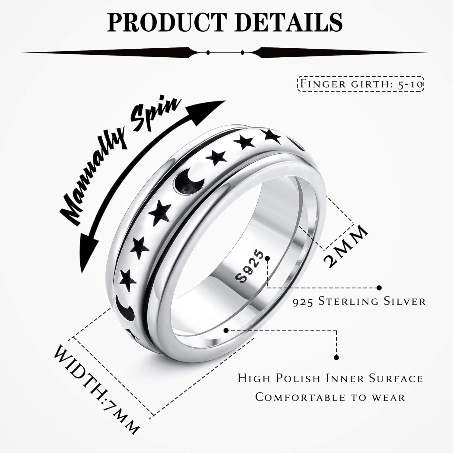 Anxiety Rings for Women Men 925 Sterling Silver Spinner Fidget Rings Platinum Plated Band Thumb Rings Worry Stress Relieving Boredom ADHD Autism Ring Jewelry Gifts